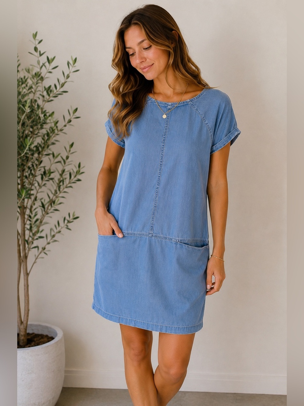 H&M Chambray Denim Blue Mini Dress Size 8 Cottagecore Minimalist Scandinavian